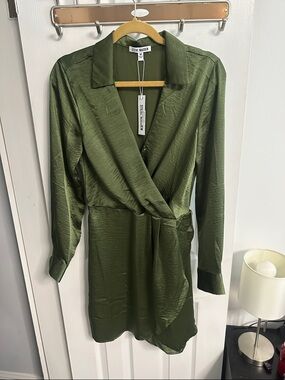 Steve Madden Olive Satin Faux-Wrap Long Sleeve Dress